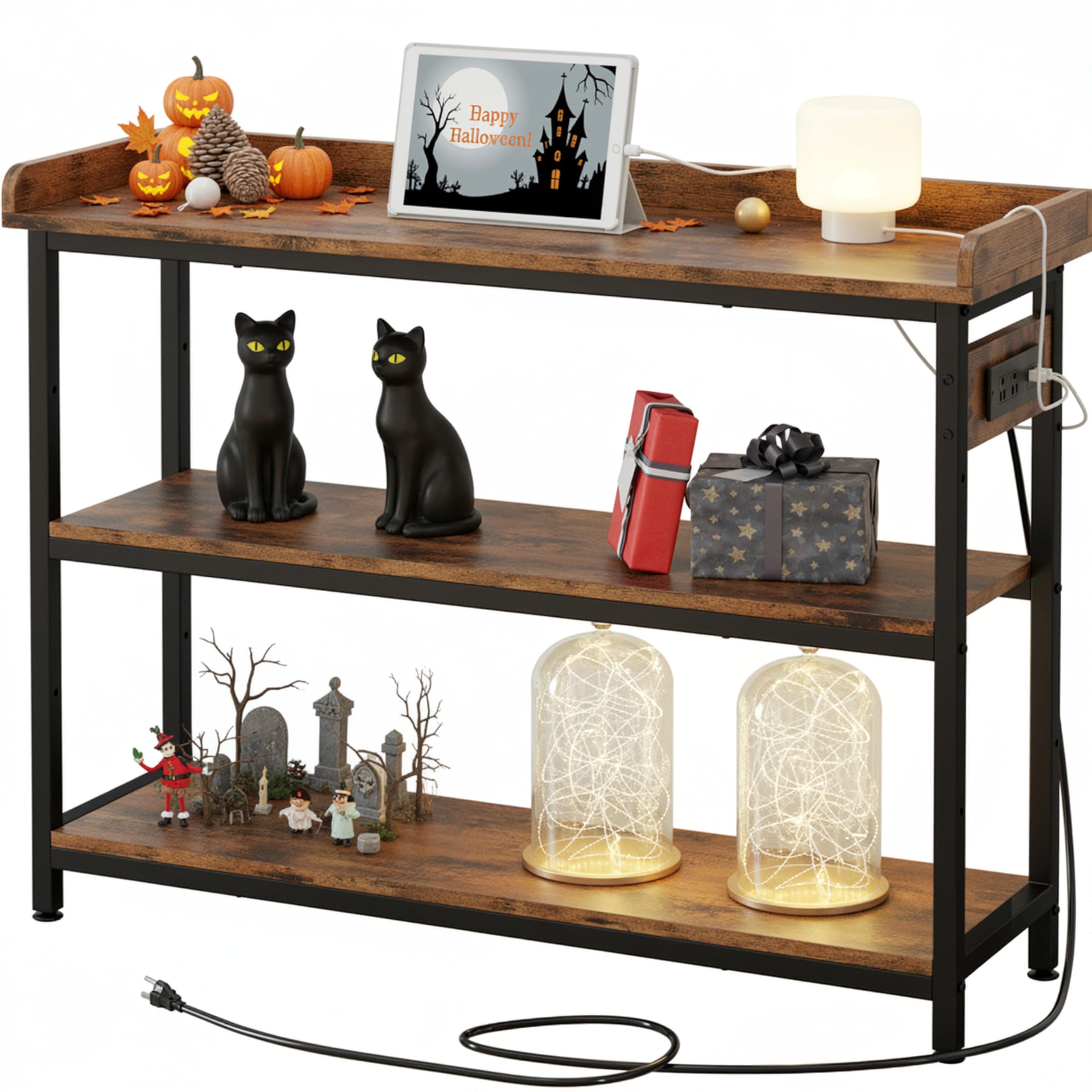 IRONCK Console Table, Sofa Table with Power Outlet, Farmhouse Hallway Table for Entryway, Living Room, Height Adjustable, Easy Assembly, Rustic Brown, 43" Image