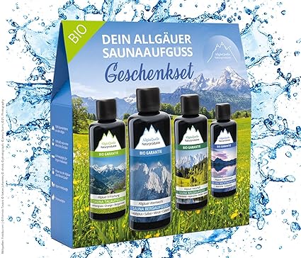 Saunaaufguss-Set mit 100% BIO-Sauna-Öle 4x100ml - ? Allgäuer Erfrischung ? Allgäuer Naturluft ? Allgäuer Atemwohl ? Allgäuer 