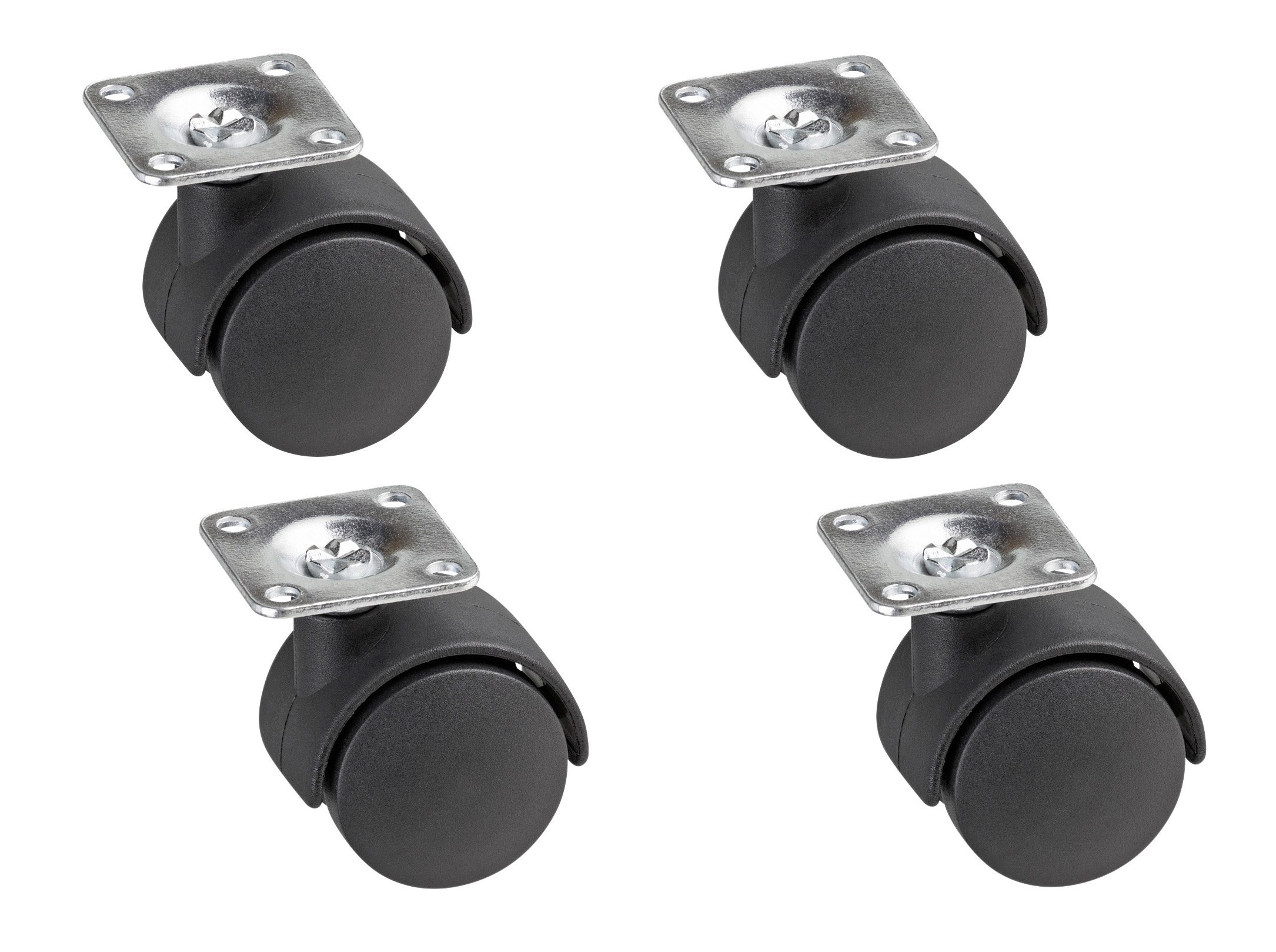 Master Double Rollers, 42 x 42 mm Plate, Plastic Wheels, Hard Running Surface, Slide Bearing, 4 Pieces, Transport Roller, Container Role, Furniture Role, 804100