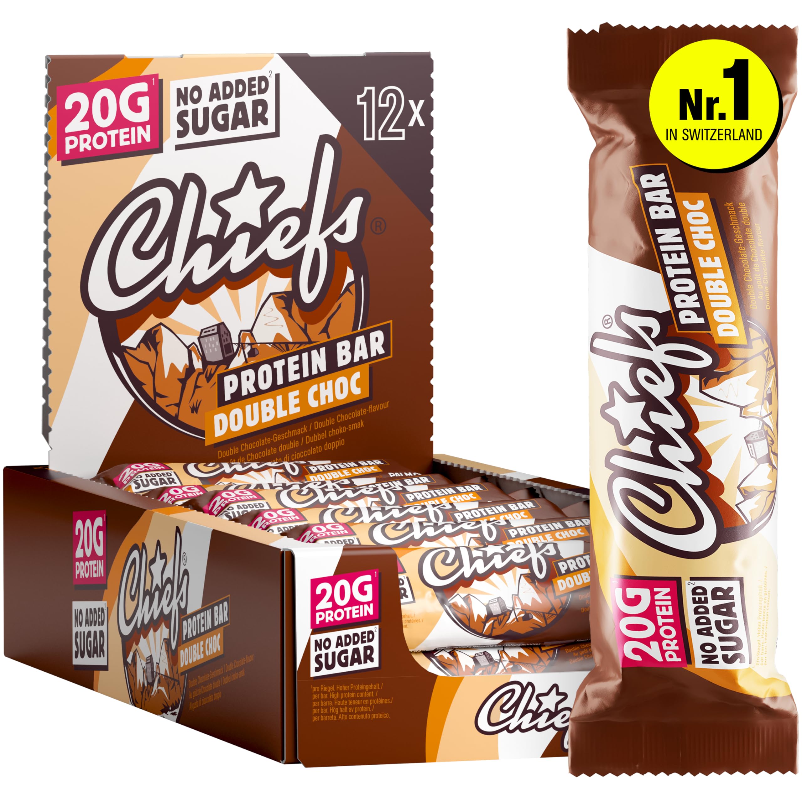 CHIEFS Protein Bars 55g - High Protein, Low Sugar - Healthy snacks with 20g protein per bar - luxurious Double Choc taste - 12 bars