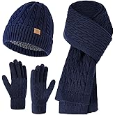 Womens Winter Knit Warm Hat Beanie Long Scarf Touch Screen Gloves Set for Cold Weather, 3 in 1 Warm Gift Set
