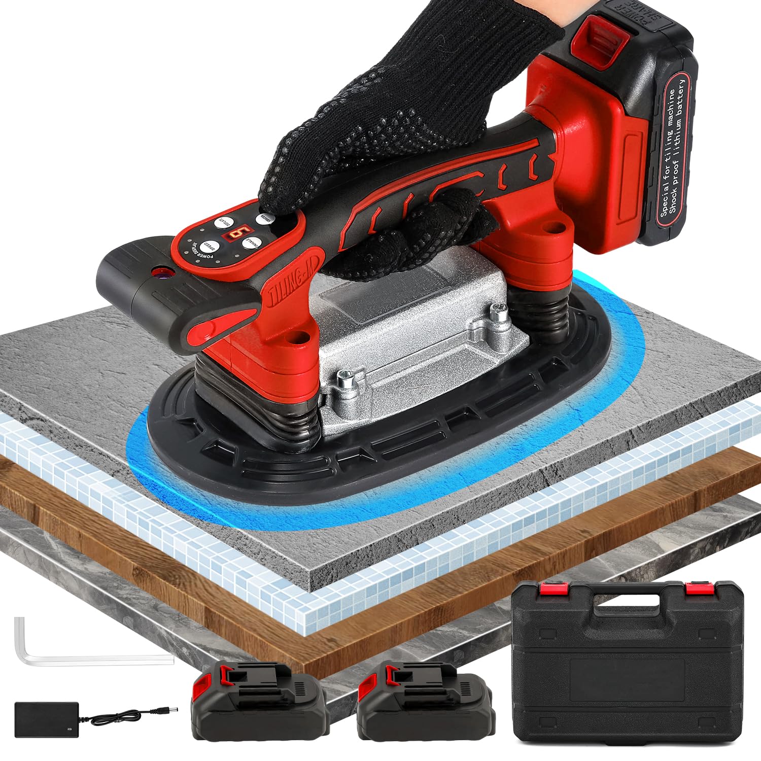 Photo 1 of Antstone Tile Vibration Tool 250mm Suction Cup 882lbs/400kg Adsorption Handheld Tile Installation Leveling Machine Tile Vibrator Tool for Tiling Leveling Laying Max.28000r/Min 9 Speeds (Red)