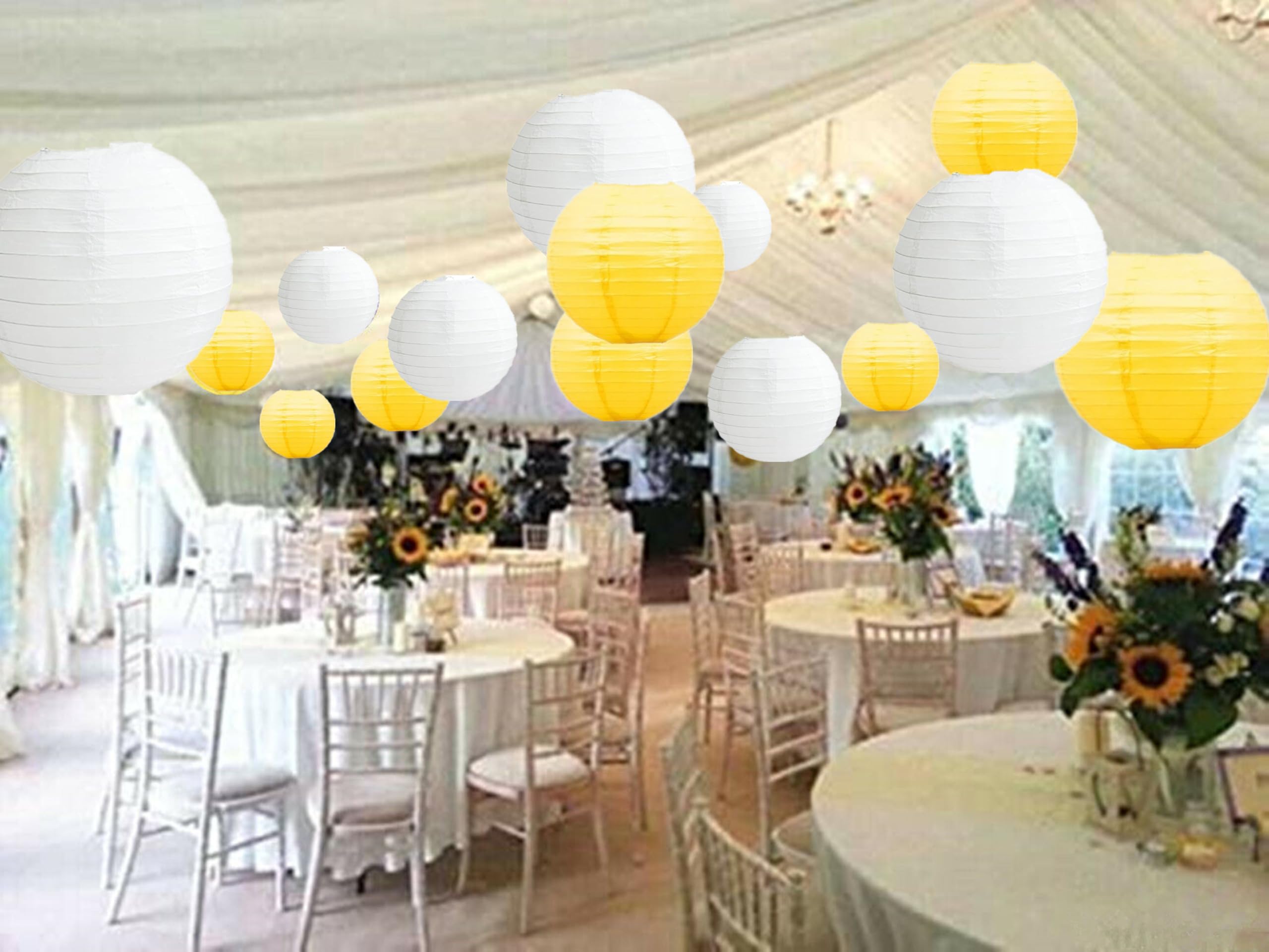A Liittle Tree - Mixed SIZE New Round Paper Lanterns Lamp Shade Wedding Birthday Party Events White Yellow 24(14x 8" + 10 x 12")