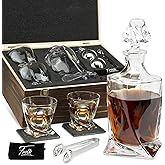 Whiskey Decanter Gift Set for Men – Twisted Bourbon Decanter, 2 Glasses, 2 XL Stainless Steel Whisky Stones - Balls, 2 Slate Coasters, Special Tongs & Freezer Pouch in Pinewood Gift Box