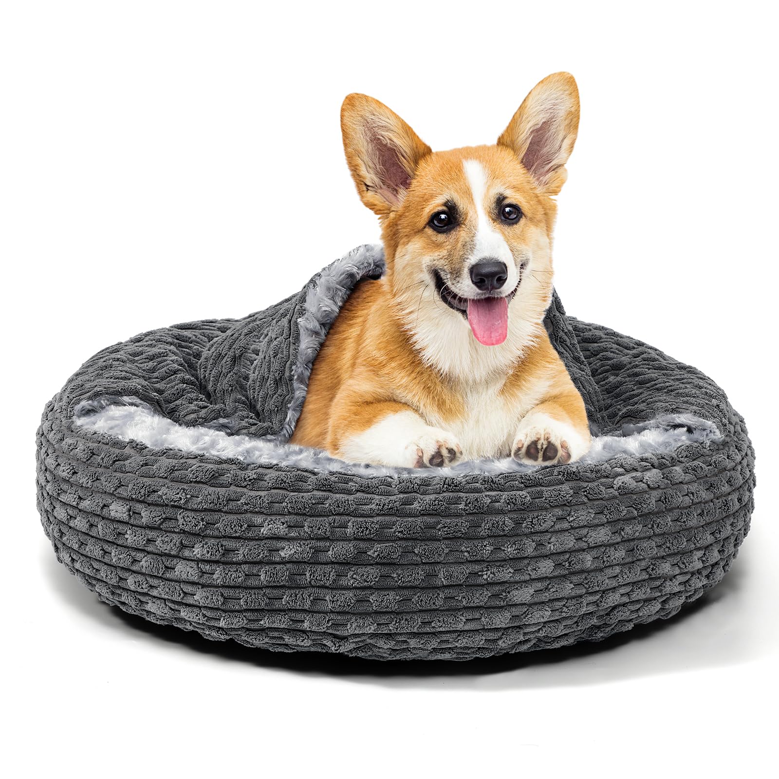 Heymamba Donut Dog Cat Bed Small Round Dog Bed, Dog Cave Bed with Hooded for Medium Small Dogs, Pet Beds with Breathable Rose Fluff to Promote Sleep, Warm Puppy Bed for Corgi, Chihuahua, 59x59x15cm