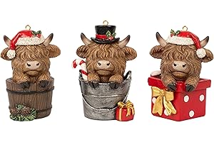 YeehaWhoo Christmas Highland Cow Figurines Decor, 3 PCS Small Christmas Cows Hidden in Barrel/Bucket/Gift Box, Hanging Orname