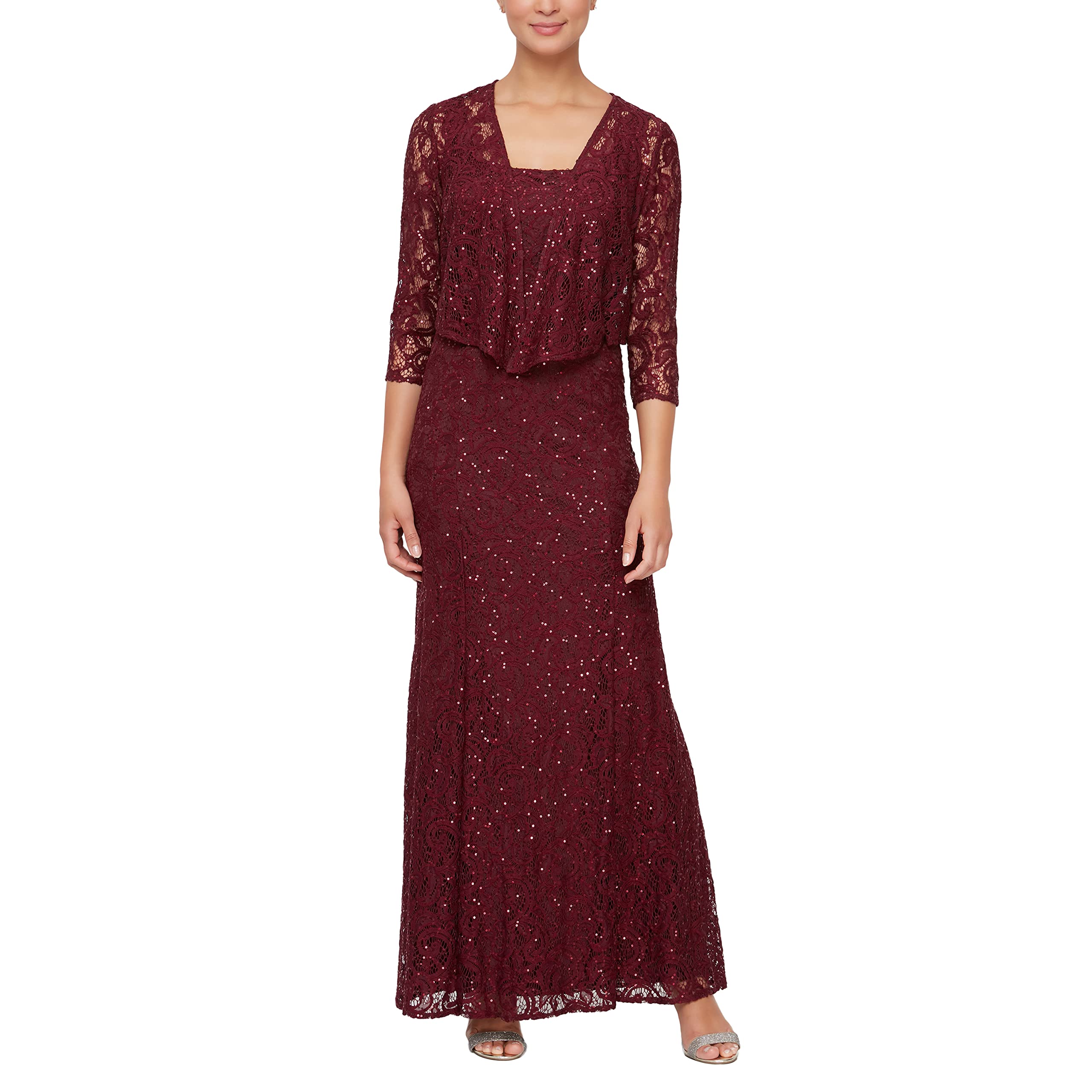 Alex Evenings Women’s Long Mother of The Bride Sequin Lace Jacket Dress with Illusion Sleeves (Petite and Regular Sizes), Wine, 12