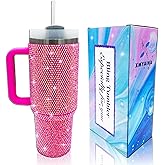 XMYAINA 40oz Bling Tumbler with Handle and Straw Lid Rhinestone Studded Tumbler Cups Vacuum Insulated Stainless Steel Double Wall Water Bottle Travel Mug Gifts for Women Her (Hot Pink)