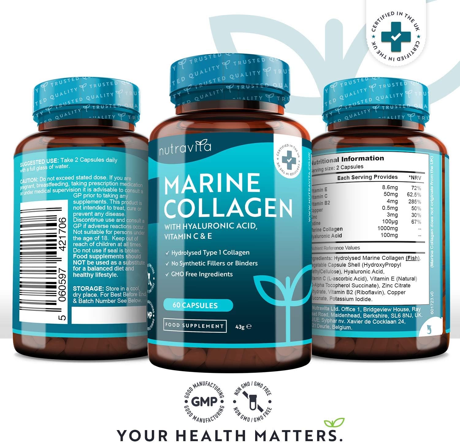 Nutravita Marine Collagen 1000mg, 60 Capsules of Superior Type 1 Hydrolysed Collagen, Enhanced with Hyaluronic Acid - Image 4