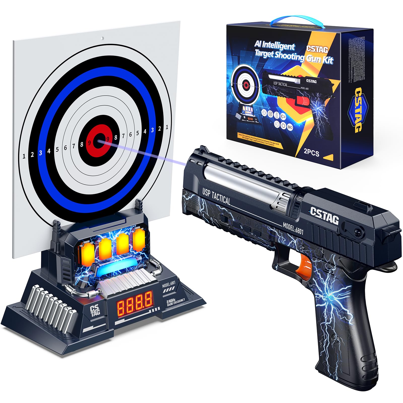 Electronic Target Practice Gun with Voice & LED Scoring, Safe Foam Blaster Toy with Paper Targets for Kids, Fun Indoor Outdoor Game Gift for Ages 5-12