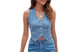 Happy Cherry Jean Vests for Women Crop Denim Top Button Down Waistcoat V Neck Vest Tank Tops Casual Sleeveless Jacket