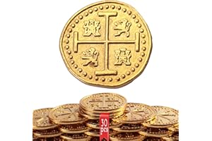 Byhoo Metal Pirate Coins, 30 Gold Treasure Coins Set, Metal Replica Spanish Doubloons, Pirate Treasure Chest Fake Coins Tokens, Realistic Money Imitation for Cosplay Toys Board Games
