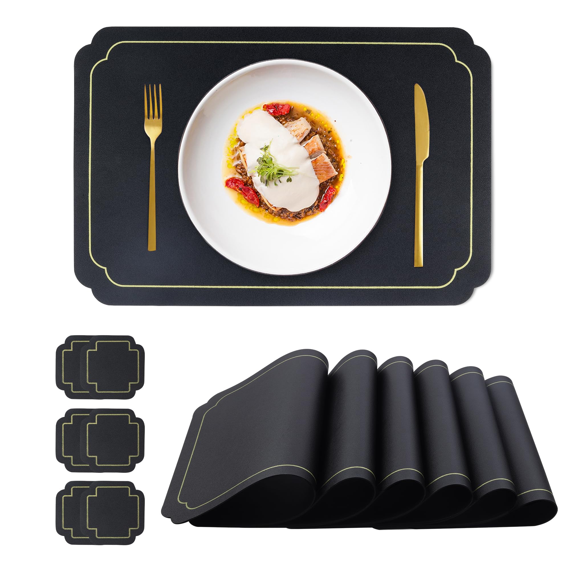 fanquare Black Placemats and Coaster Sets 6 Rectangular Faux Leather Placemats with Gold Border Heat Resistant Washable Non-Slip Tablemats for Dining Kitchen Table Wedding Decoration 45 * 30cm