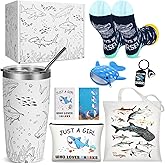 Shark Gifts for Women, 9 Pcs Shark Lovers Gift for Girls Including Tumbler Tote bag Makeup Bag Shark Coin Purse Socks Notepad Keychain Gift Card for Christmas Birthday Mothers Day