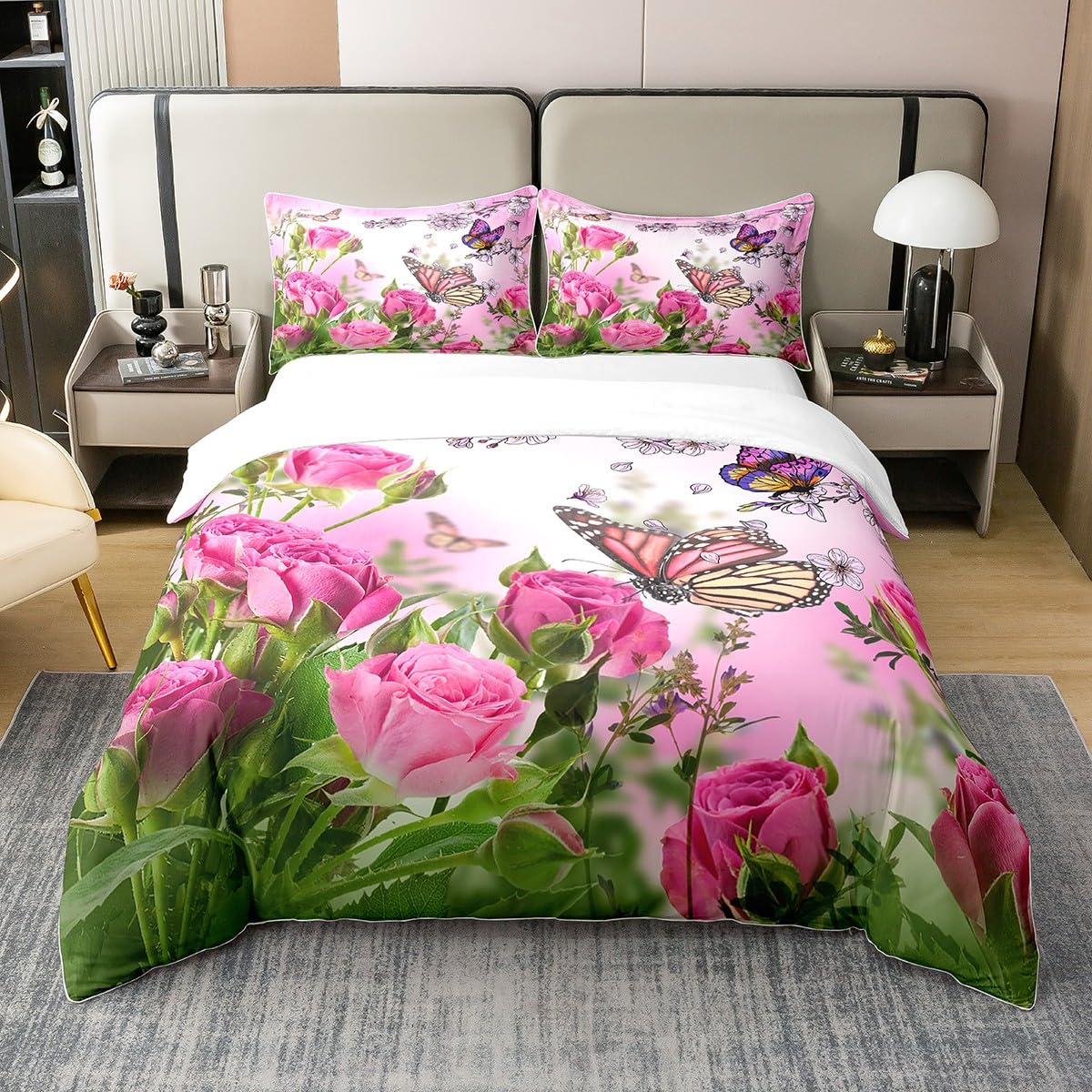 100% Cotton Rose Flowers Comforter Cover Butterfly Garden Bedding Sets for Girls Women Spring Floral Fresh Nature Duvet Cover Blooming Rose Pastel Bedspreads Cover with 2 Pillow Cases Double Colorful