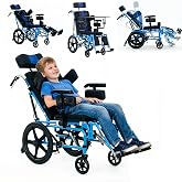 WCZYMX Full Reclining Pediatric Wheelchair for Kids &amp; Children, | 220 lb Capacity, Foldable with Adjustable Headrest, Meal Tray, Elevating Footrests, 4-Point Harness and Hand Brakes, Blue