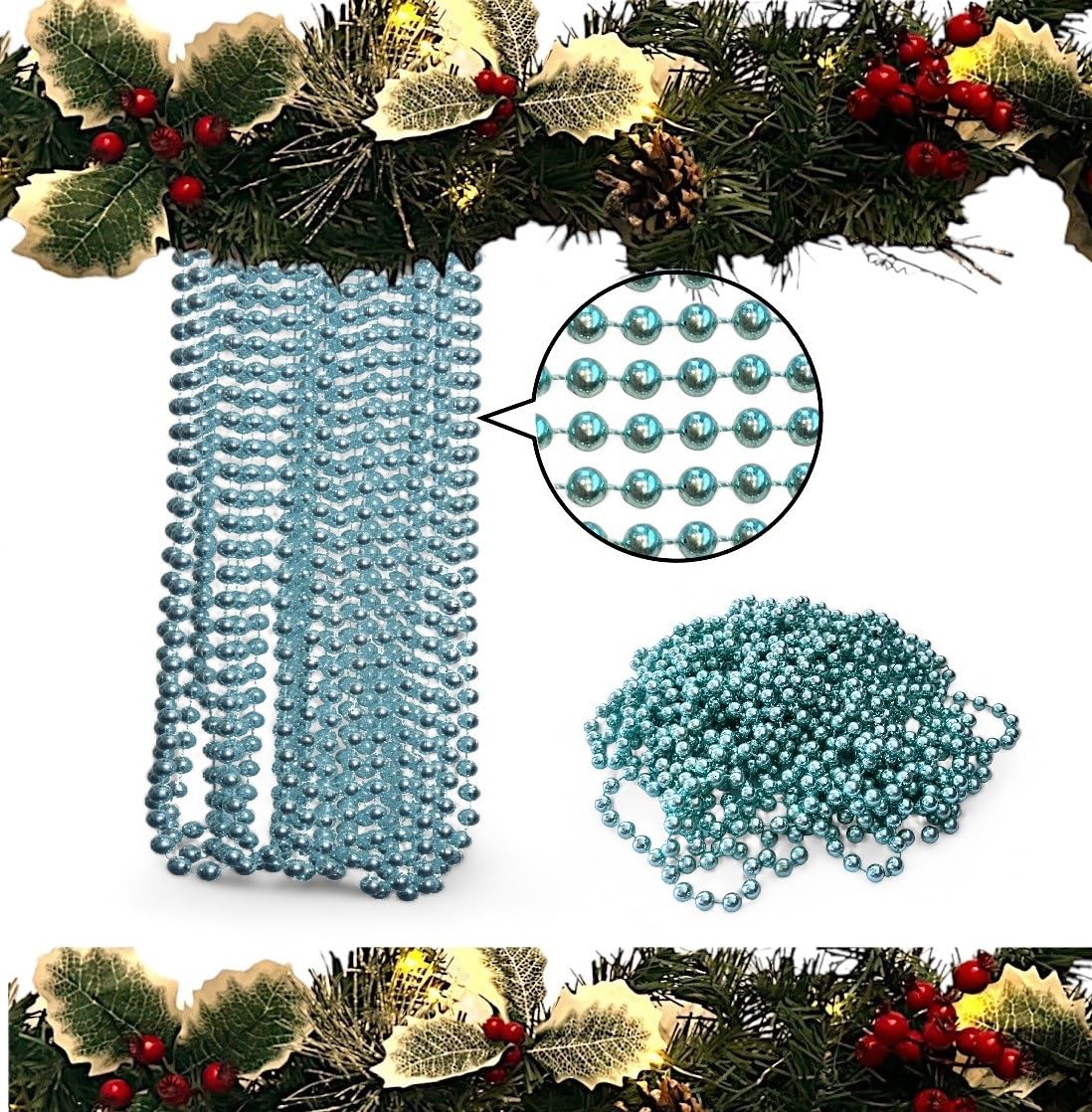 10m Christmas Bead Garland, Luxury Tree & Room Decoration, 8mm Beads, Long Chain for Christmas Tree (Ice Blue)