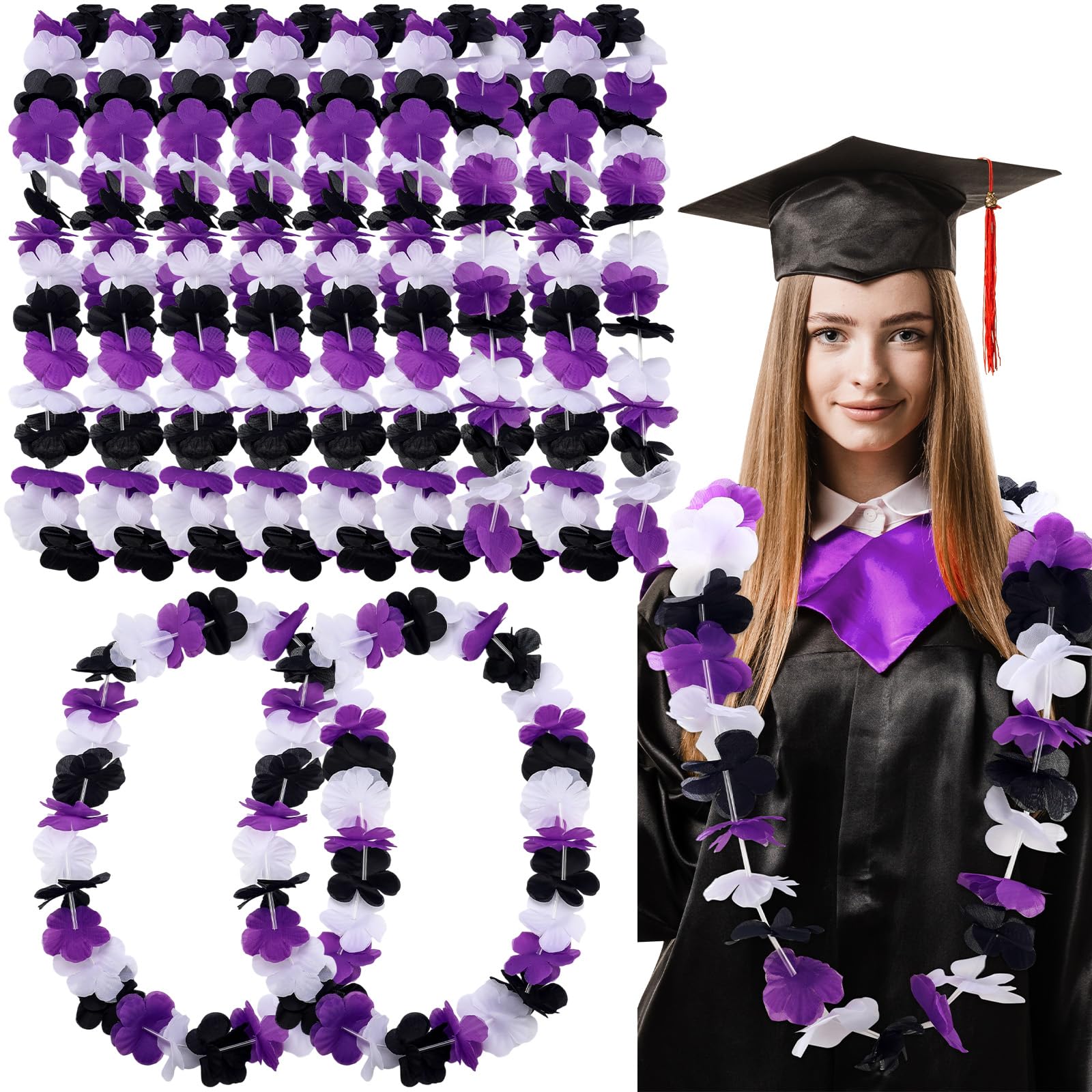 Photo 1 of Zeyune 20 Pcs Bulk Graduation Leis Class of 2025 Hawaiian Leis Flower Necklaces 39.4 Inch Graduation Garlands for High School College Graduate Grad Party Favor Photo Prop(Black White Purple)