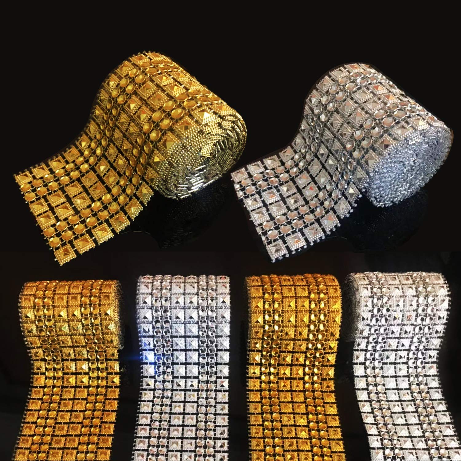 Allazone 6 Row 2 Colors 1 M Acrylic Pyramid Rhinestone Diamond Ribbon with Velcro for Wedding Cakes, Birthday Decorations, Baby Shower and Crafts Projects