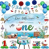 Crenics Ofishally One Birthday Decorations - Our Little Man Is Ofishally Turning One Backdrop, Banner, Hanging Swirls, Paper Pom Poms, Honeycomb and Balloons for Boy 1st Birthday Party Supplies