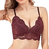 Luna & Sun Wirefree V-Neck Adjustable Straps Floral Lace Bralette with Hook and Eye Back Closure