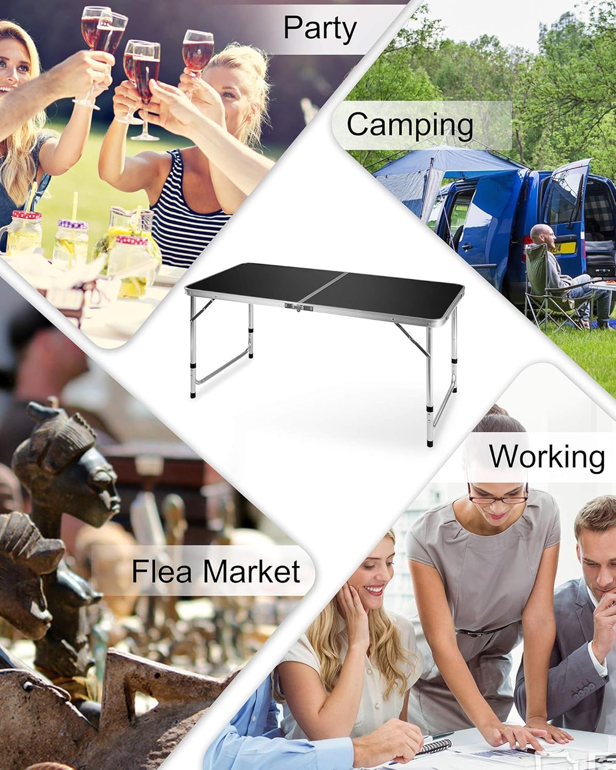 Folding Camping Table, FiveJoy 4 FT Aluminum Height Adjustable Lightweight Desk/w Portable Handle, Roll Up Top Weatherproof and Rust Resistant Table for Outdoor Picnic Beach Backyard, 47" x 24", Black: Kitchen & Dining