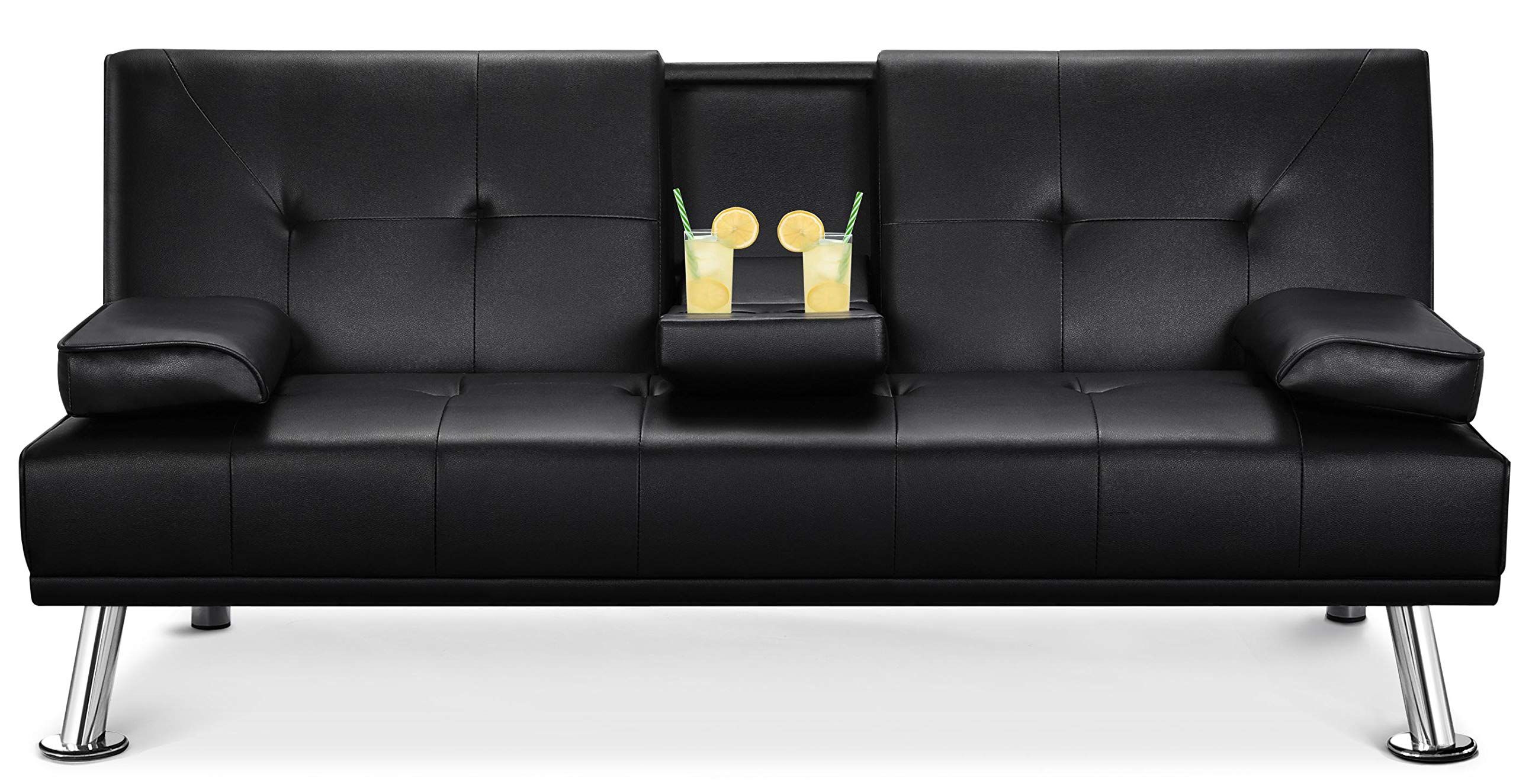 YAHEETECH Futon Sofa Bed Tufted Faux Leather Upholstered Futon Bed Convertible Sofa Couch Futon Sets Modern Sleeper Bed with Cup Holders Armrest Black