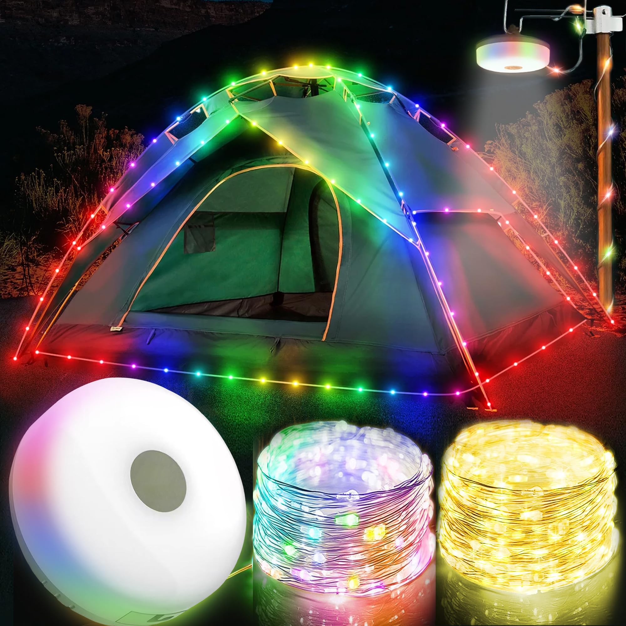 Aomaic Camping String Lights 10M Outdoor Waterproof Portable Stowable String Light Rechargeable Camping String Lights Reel USB for Outdoor Indoor Home RV Garden Patio