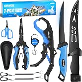 EZUVITA 7-Piece Fishing Tool Kit with Pliers, Fillet Knife and Lip Gripper | All-in-One Fishing Gear Set, hold up to 110 lb, Teflon-Coated, Fishing Scissors, Tool Retractor, Fishing Gift for Lovers