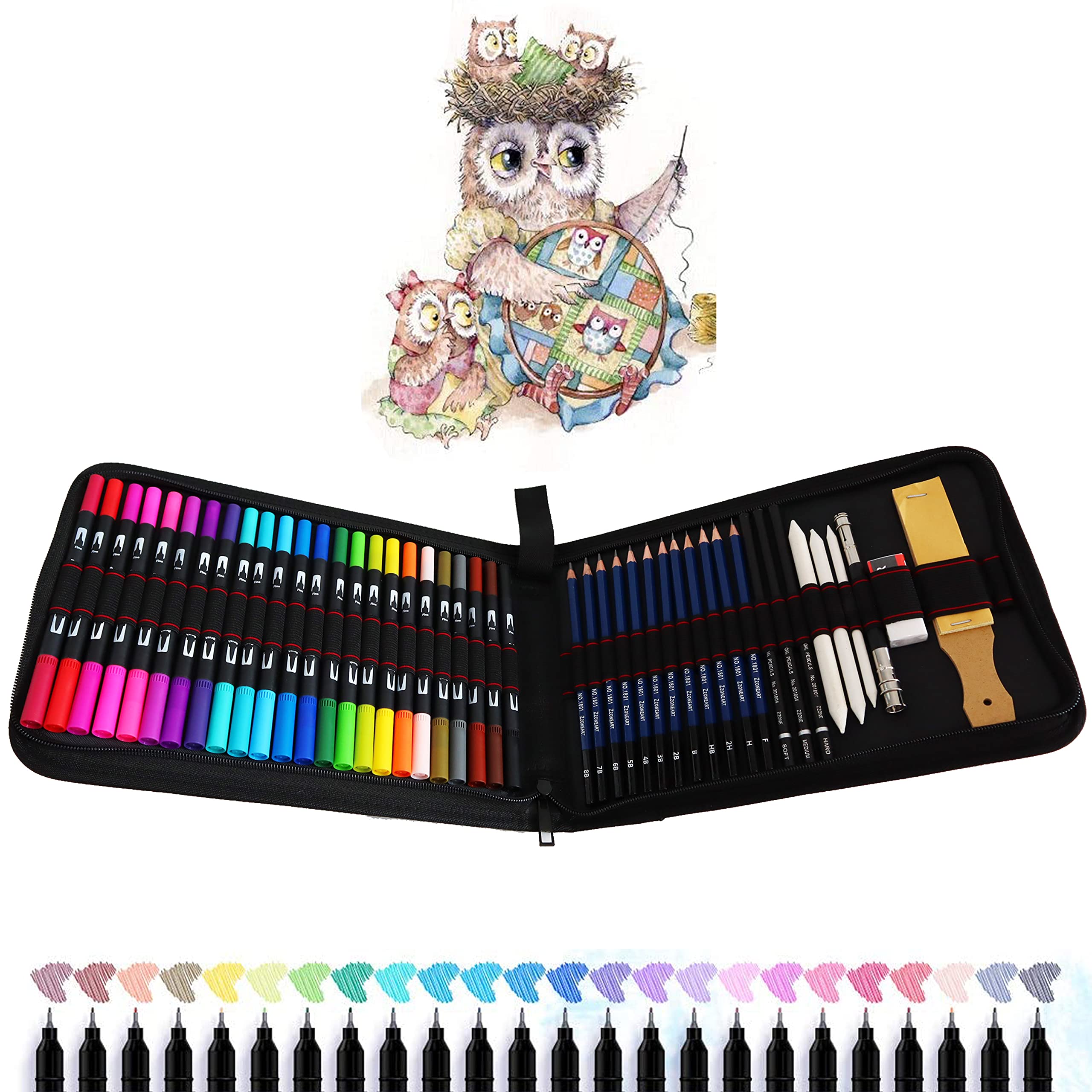 TVGO Fineliner Pens, 24 Dual Tip Brush Pens, 12 Sketching Pencils and Drawing Art Set Attached Painting Book for Children and Adults Colouring, Sketching, Painting