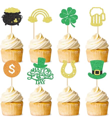24 Pcs St Patrick's Day Cupcake Toppers Four Leaf Clover Leprechaun Hat Horseshoe Shamrock Cupcake Toppers For St Patrick S Day Party Decorations Trefoil A