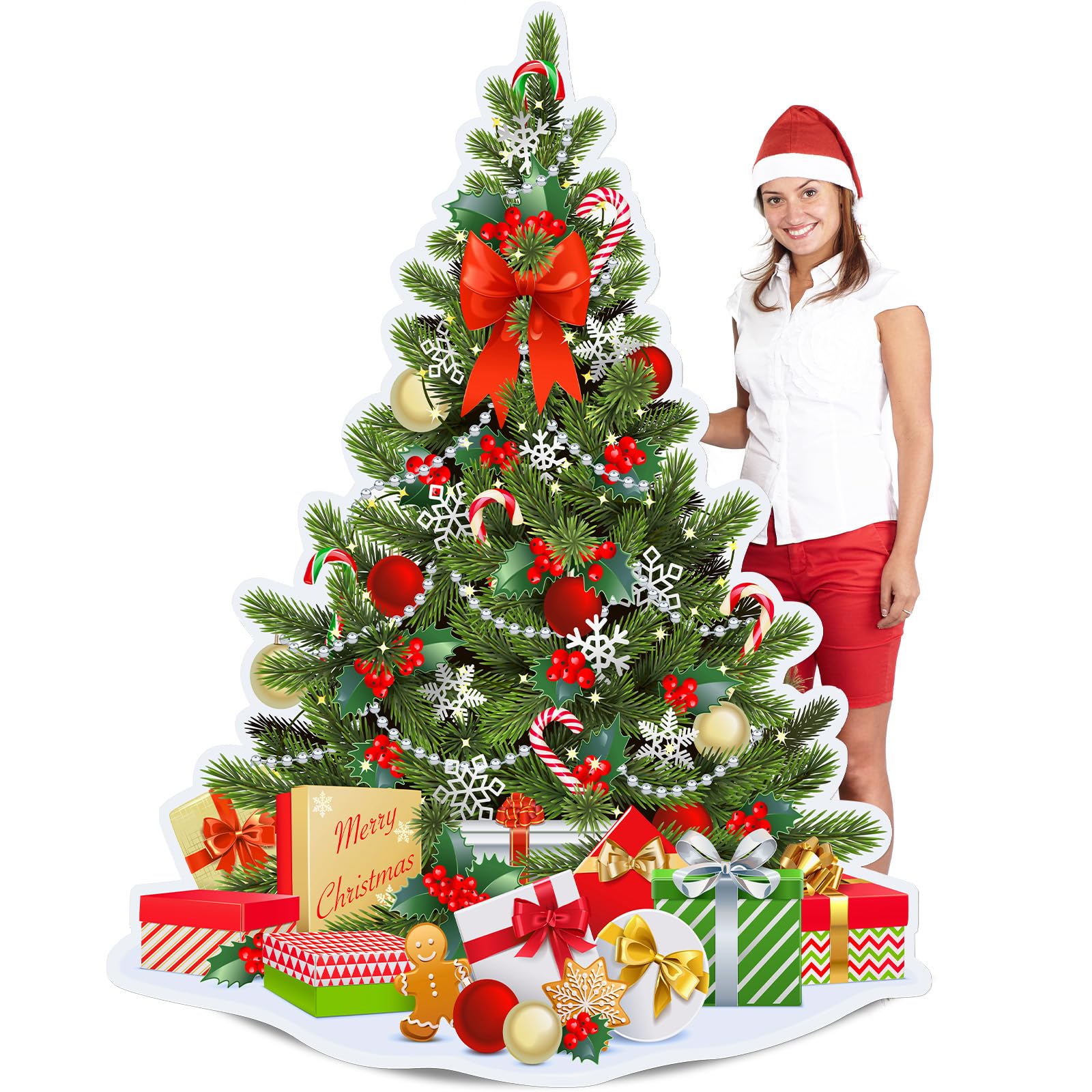 Photo 1 of DoubleFill 6 Ft Christmas Tree Life Size Cardboard Cutout Stand Ups Christmas Tree Photo Props Waterproof PVC Standup Christmas Party Decoration for Xmas Party Floor Yard Outdoor Indoor Home Decor
