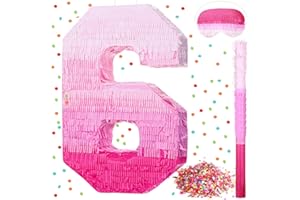 Sratte Number Piñata Pink Piñata Birthday Decorations Gradient with Stick Blindfold Confetti for Girls Boys Birthday Anniversary Party Decorations Supplies(Number 6)