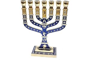 LION OF JUDAH MARKET Blue Enamel 7 Branch 12 Tribes Menorah 10.8" high