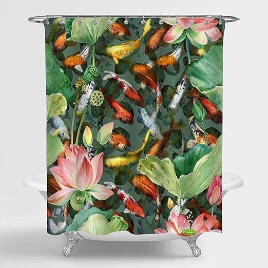Amazon Com Mitovilla Watercolor Asian Garden Pond Shower Curtain For Zen Spa Bathroom Decor Carp Koi Fish With Lotus Flower Bathroom Accessories With Hooks Gifts For Women And Girls Green Red 72 W