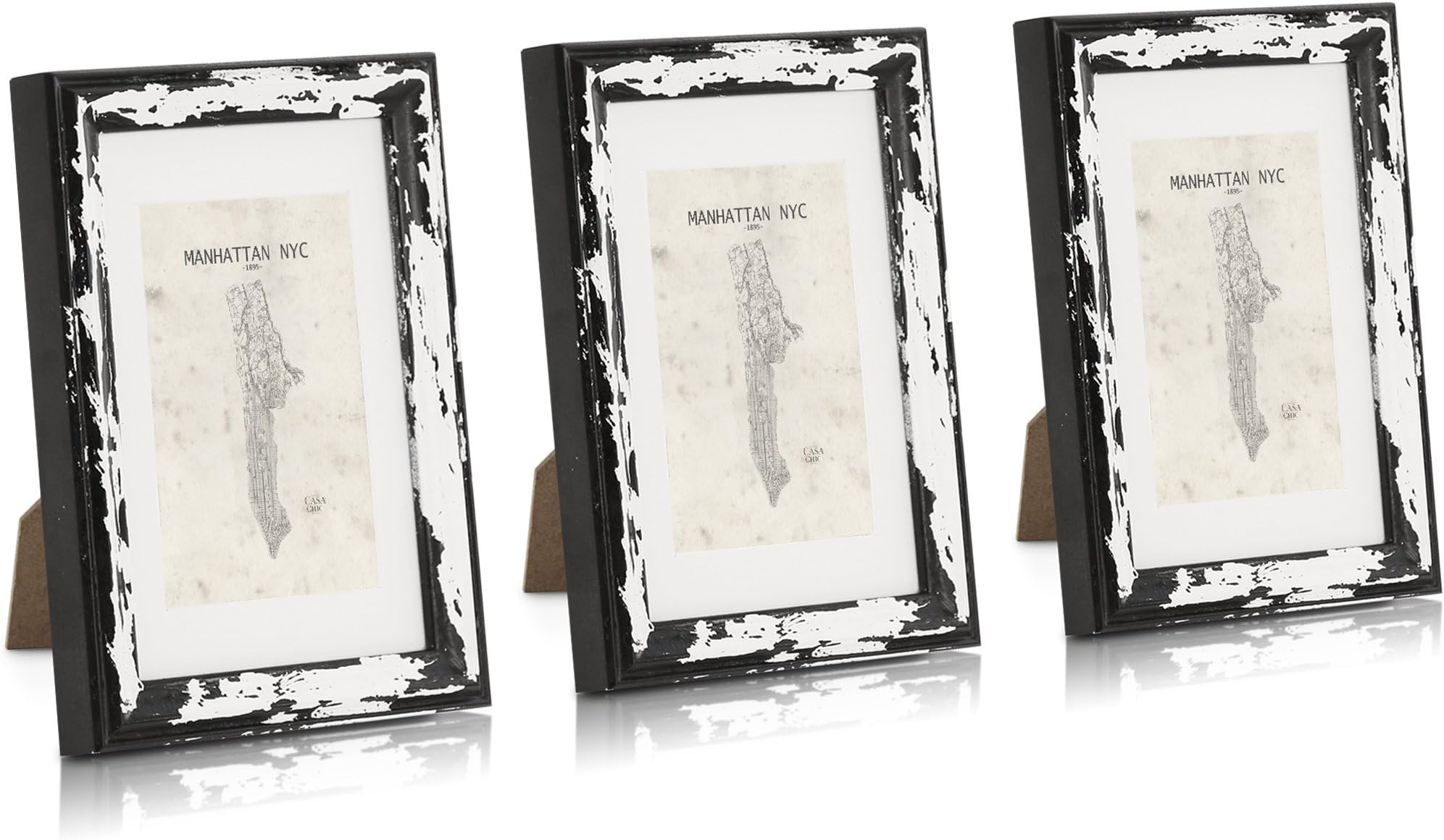 Antic by Casa Chic Solid Wood Shabby Chic Photo Frame 5x7 inch Frame Glass Front With Picture Mount for 6x4 inch Photo Pack of 3 Frames 2 Centimetre Edge Width Distressed Black