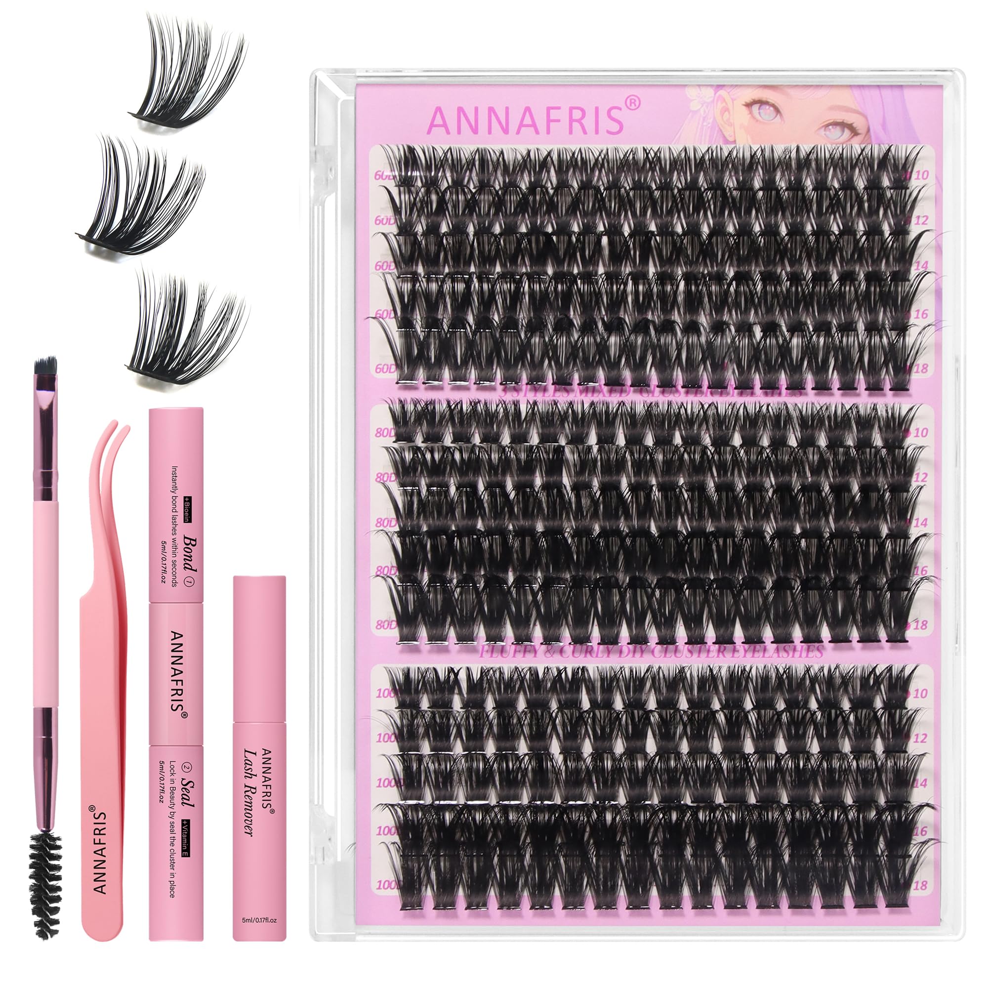 ANNAFRIS Cluster Lashes 60D+80D+100D Individual Eyelashes 0.07mm D Curl 10-18mm False Lashes Individual Cluster DIY Lash(60D+80D+100D) — image 1
