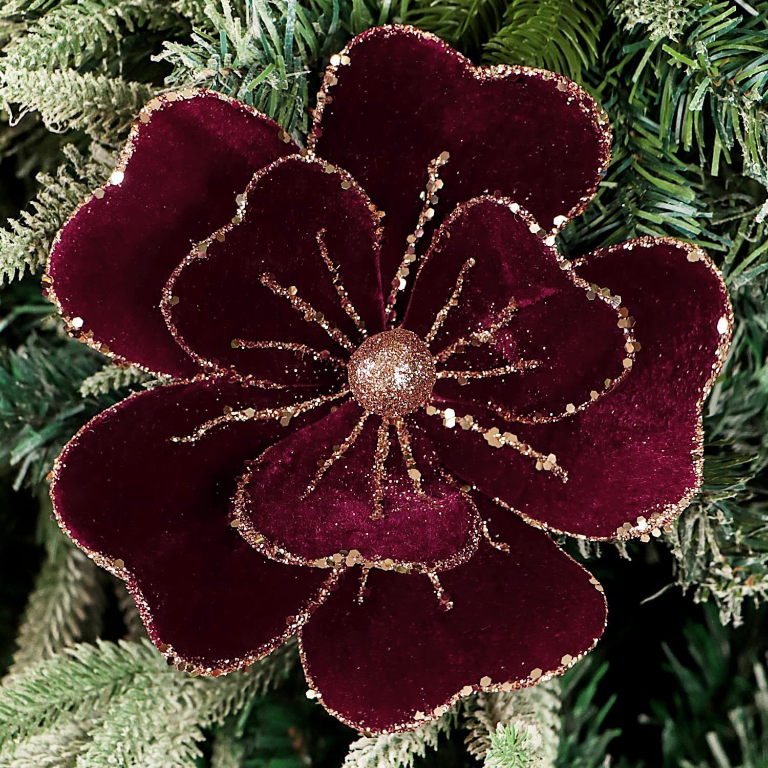 KKSTY 4Pcs Velvet Poinsettia Stems with Glitter Edge, Artificial Christmas Flower Picks for Christmas Tree Decoration Vase Filler Wreath Garland Crafts Holiday Wedding Home Décor (Wine Red)