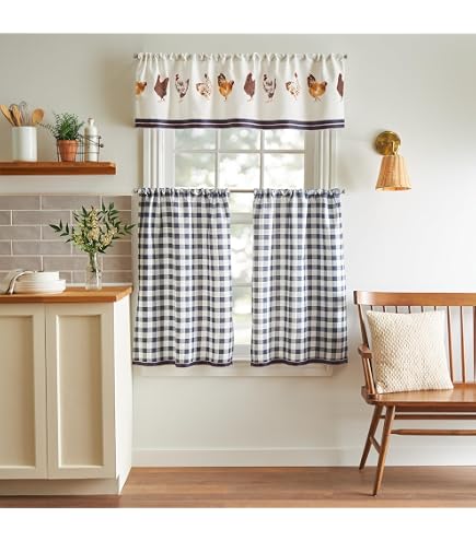 Qehuruxo Rooster Pattern Kitchen Curtains 3-Piece Set - Valance & Tier Curtains For Farmhouse Decor