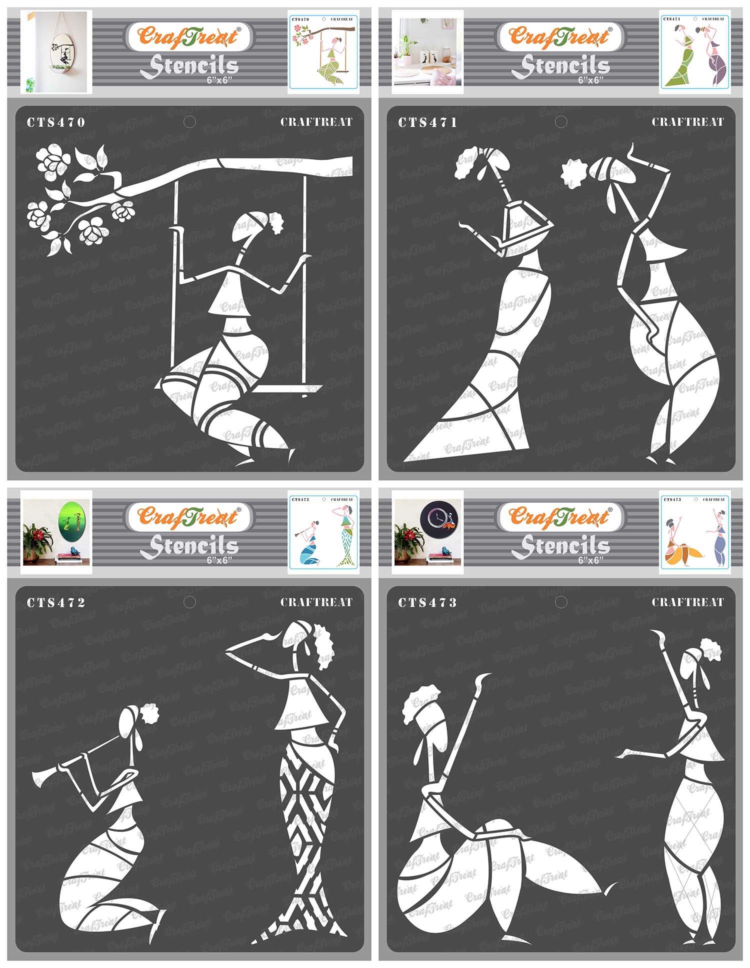 CrafTreat African Tribal Stencils for Crafts Reusable Vintage - Sitting on a Swing, Dancing, Enjoying Music and Holding Clock (4Pcs)- Size:6X6 Inches- Tribal Pattern Stencil for Furniture Painting
