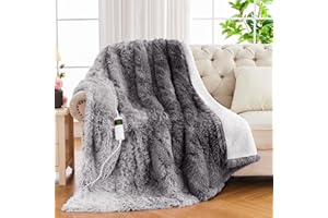 RUJIPO Faux Fur & Sherpa Fleece Electric Blanket - Auto-Off Warming Plush Throw with 10 Heating Levels for Bed - 50" x 60", Grey