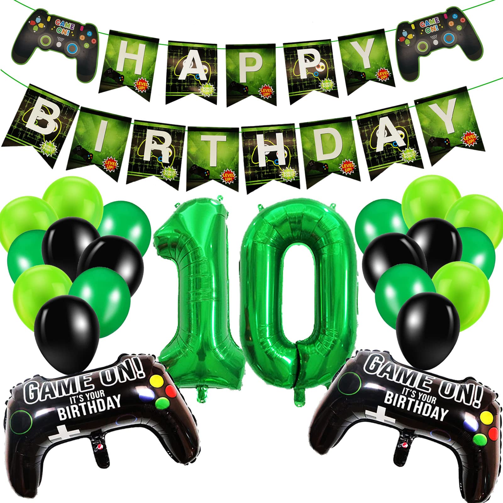 10th Birthday Decorations for Boys, Gaming Party Decorations Set for Gamers, Happy Birthday Banner Game Controller Balloons Black Green Balloons for Kids Teenagers Party Supplies