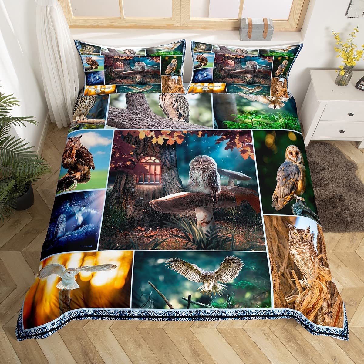 Loussiesd 3D Owl Duvet Cover Cute Animals For Kids Girls Boys Bedding Set Jungle Owl Comforter Wildlife Quilt Cover Wild Animal Bedspread Home Decor Double Size