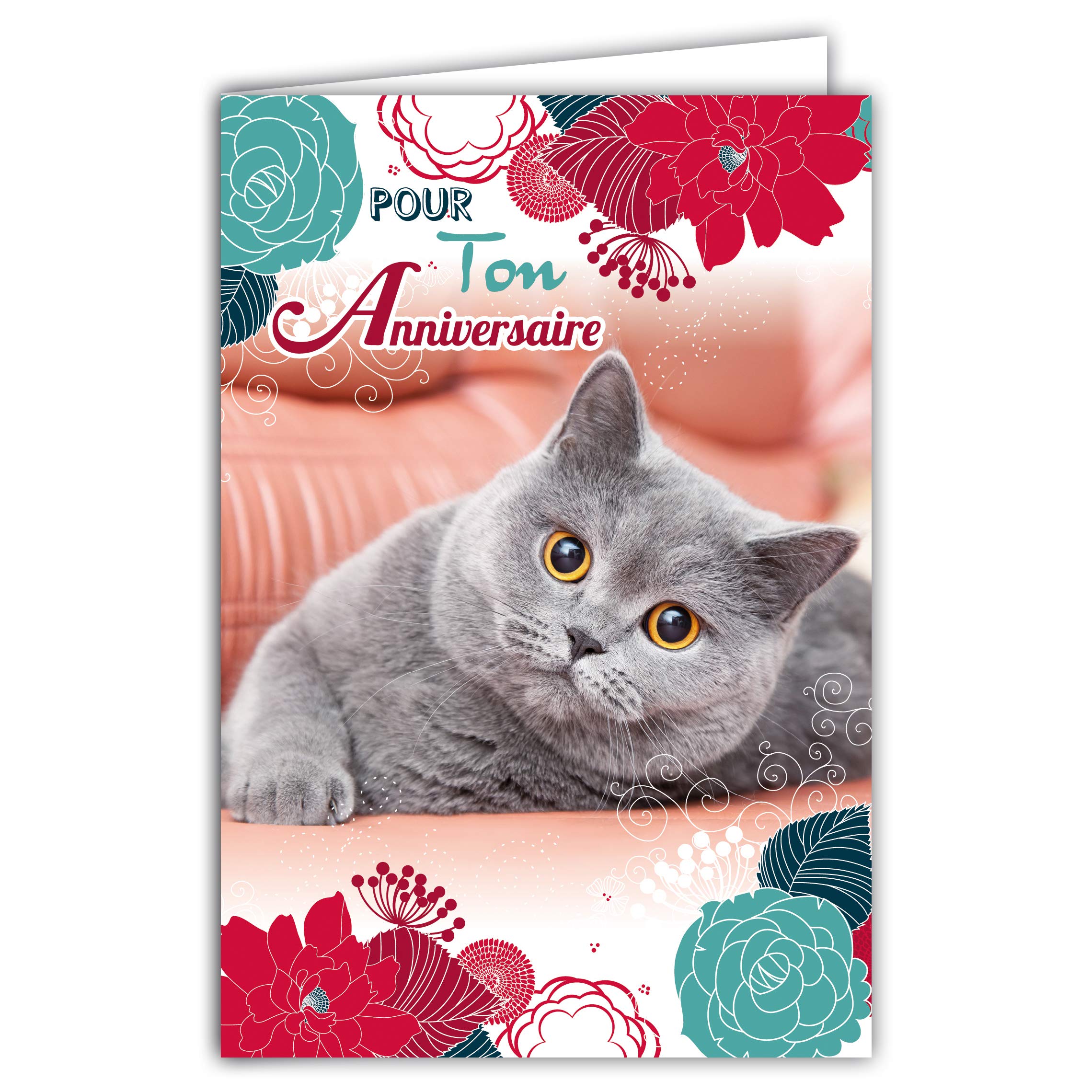 Afie 67-1115 Card for Your Birthday Cat Soft Grey Blue Flowers Red Pink Made in France
