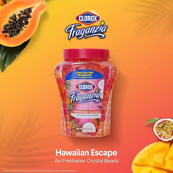 CLOROX FRAGANZIA AIR FRESHENER CRYSTAL BEADS DOUBLE PACK, COCONUT COLADA, HAWAIIAN ESCAPE 12OZ JARS | VENTED JAR AIR SCENT BEADS FOR HOMES, BATHROOMS, CLOSETS, OR OFFICE