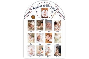 UIBOVA Rookie Of The Year My First Year Photo Board, Baseball Baby Milestone Signs for Boys Girls Nursery Decor, 12 Month Wooden Picture Board for 2x3 Photos, Best Babies Keepsake Gifts-A08