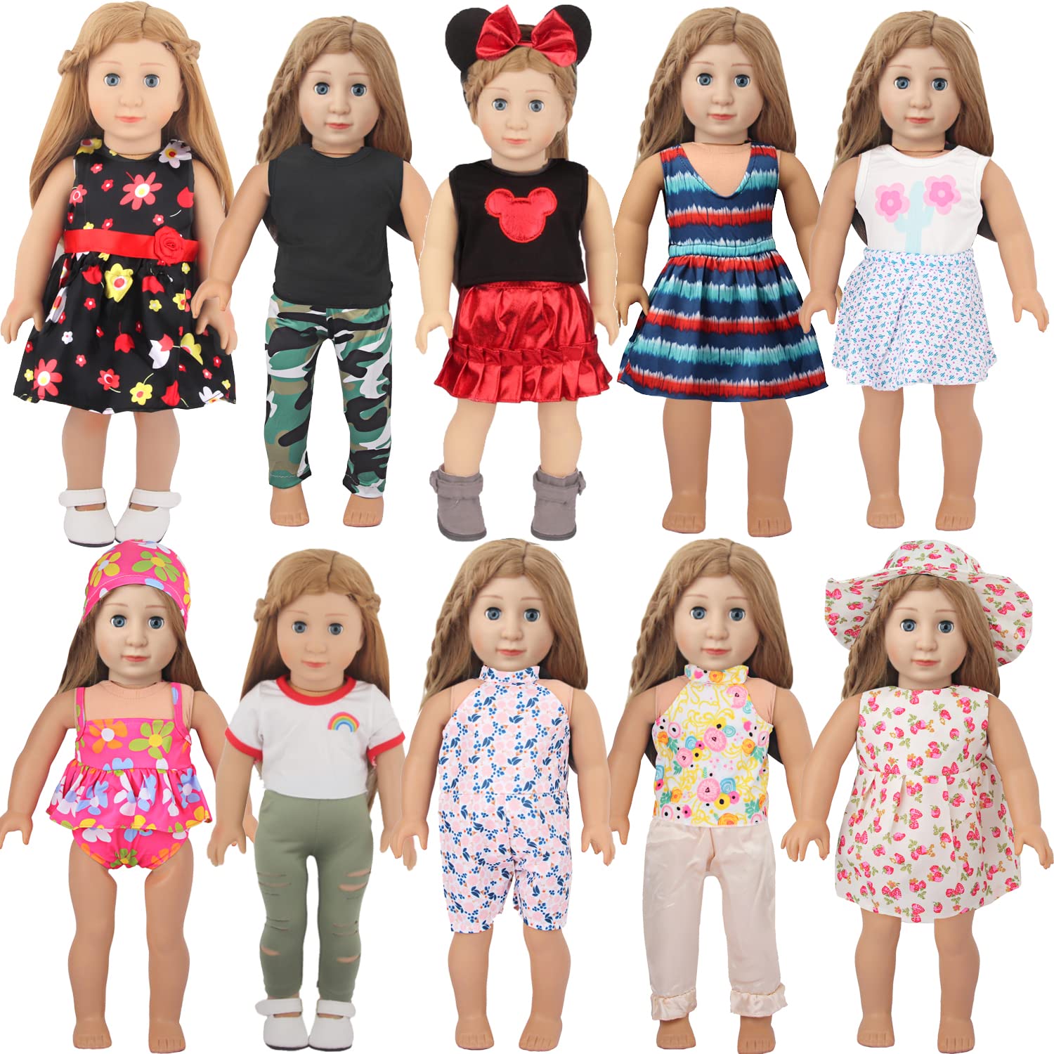 Photo 1 of MSYO 19 Pcs Doll Clothes Accessories for 18 Inch American Dolls, 10 Complete Doll Clothing Sets, Doll Dresses, Doll Bikini Swimsuits, Minie Pattern Clothes Set, Sweet Doll Costumes for Cute Dolls