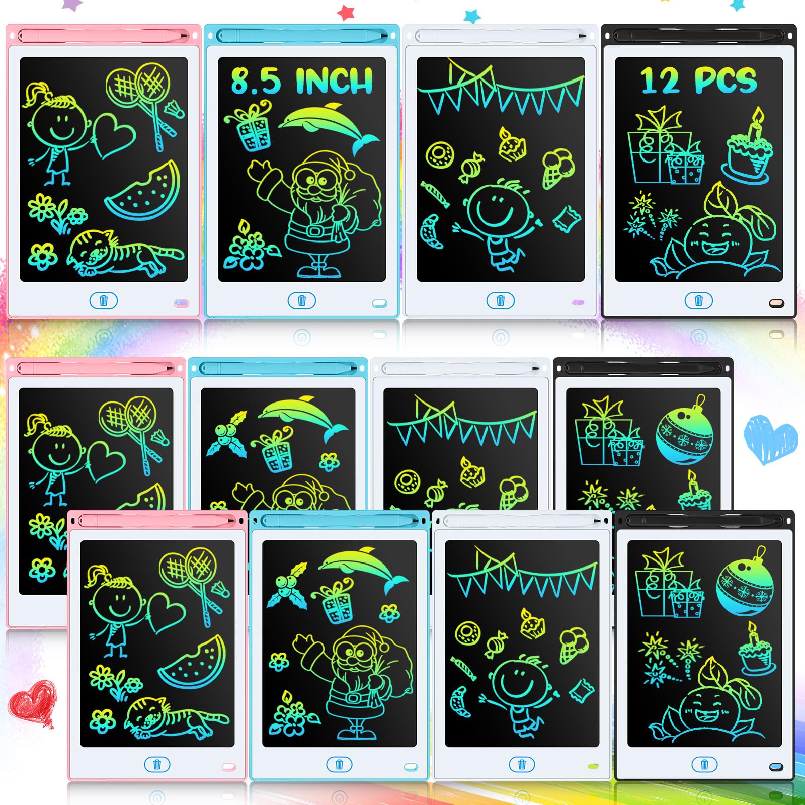 Photo 1 of Tinlade 12 Pack LCD Writing Drawing Tablets 8.5 Inch Bulk Colorful Doodle Board Erasable Electronic Painting Drawing Pads Learning Toy Gifts for Kids Boys Girls(Pink, Blue, White, Black)