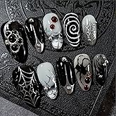 30Pcs Halloween Gothic Press on Nails Medium Almond French Tip Fake Nails Horror Spider with 3D Gems Designs Dark Black Full Cover Y2k Stick on Nails Spider Web False Nails for Women Acrylic Nail Art