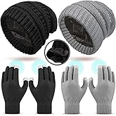 Breathffy 4 Pcs Winter Hat and Gloves for Women, Satin Lined Hats for Women Touchscreen Gloves Slouchy Knit Beanies Gift Set